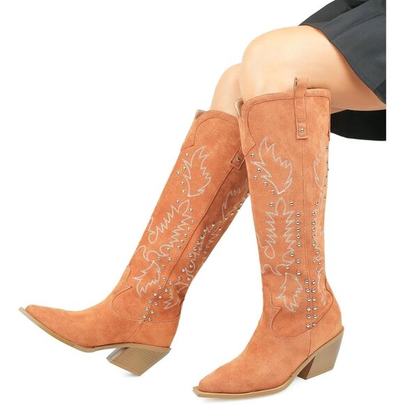 Women Faux Suede Tan Thick Heels Pointed toe Studs Embroider Rivets Riding Boots - Picture 8 of 8